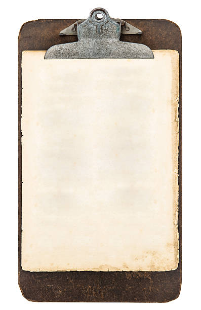antique clipboard with sheet of paper isolated on white stock photo
