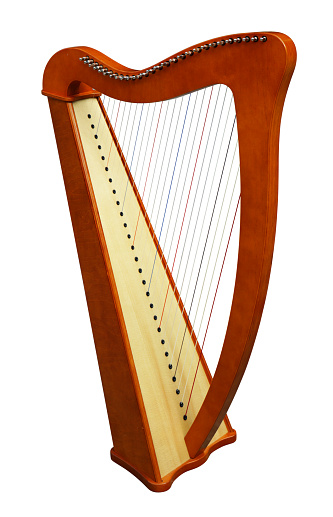 Harp stringed musical instrument isolated on white background.