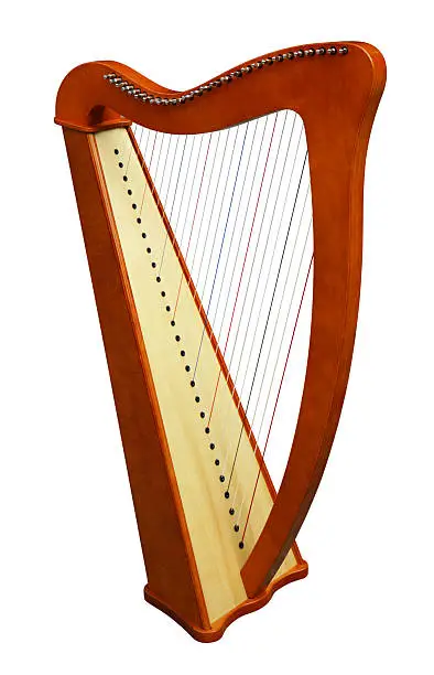 Harp stringed musical instrument isolated on white background.