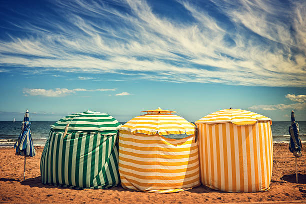istock Traditional beach umbrellas in Deauville, vintage process 479209594