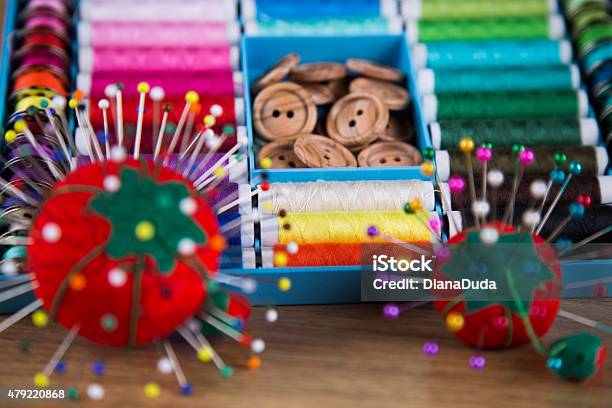 Sewing Machine And Fabric Threads Needles Pins Stock Photo - Download Image Now - 2015, Art And Craft, Clothing