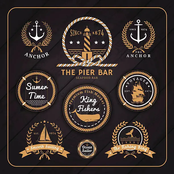 Vector illustration of Vintage nautical labels set on dark wood background