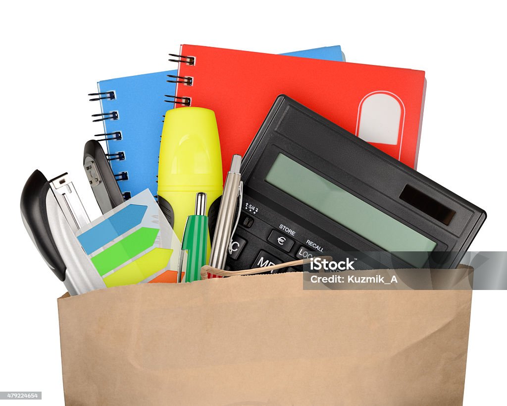 Office supplies Bag with school and office supplies isolated on white background 2015 Stock Photo