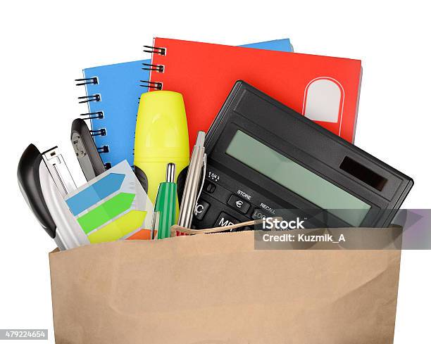 Office Supplies Stock Photo - Download Image Now - 2015, Bag, Blue