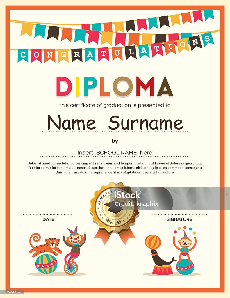 Preschool Elementary school Kids Diploma certificate background Preschool Elementary school Kids Diploma certificate template with bunting flags background design Certificate stock vector