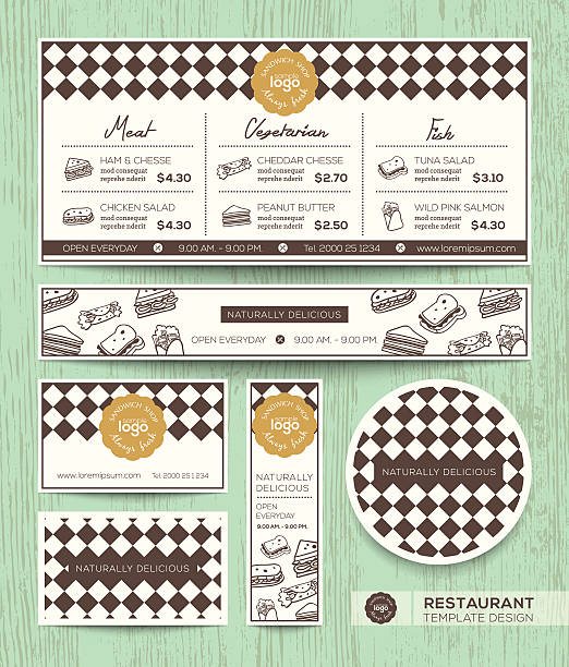 Restaurant cafe sandwich menu design template Restaurant cafe sandwich vector menu design template with diamond harlequin pattern background breakfast background stock illustrations