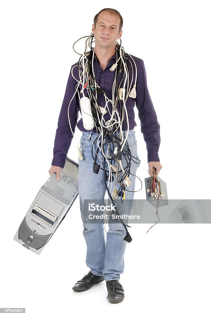 Technicien porter ordinateur - Photo de Câble libre de droits