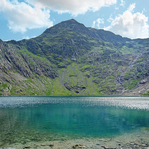 Mount Snowdon the tallest mountain in England & Wales. The complete profile of Mt Snowdon with lake Glaslyn at it's foot, Snowdonia National Park, Wales, UK. Taken on the Summer Solstice. mount snowdon photos stock pictures, royalty-free photos & images