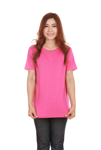 young beautiful female with blank pink t-shirt isolated on white background