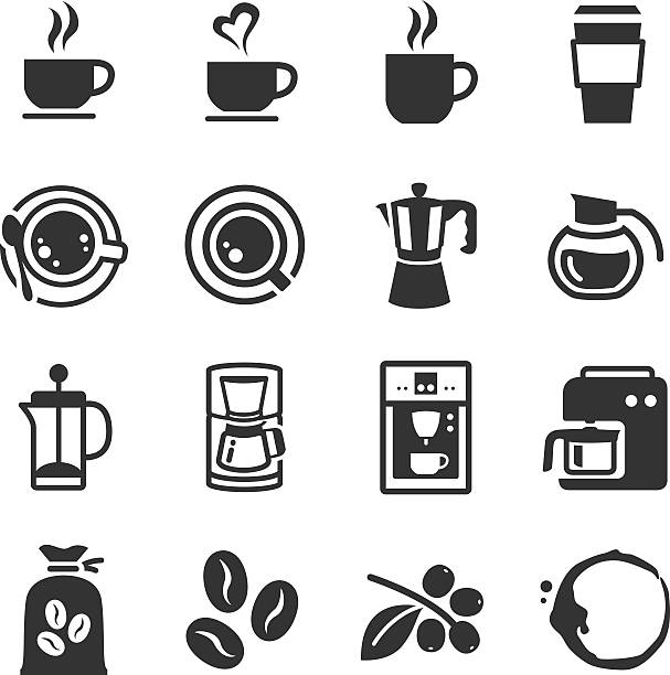 ilustrações, clipart, desenhos animados e ícones de ícones de café e máquina de café - cup coffee pot coffee coffee cup
