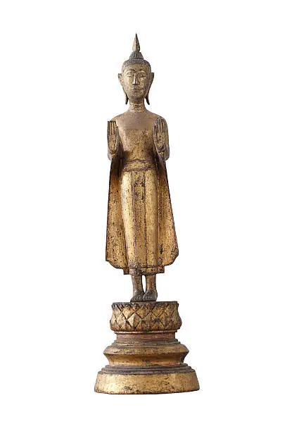 Public wooden buddha  with goldleaf isolated on white background
