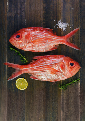 Two fresh red snappers preparing for cooking with lemon and rosemary on wooden background. Top view.