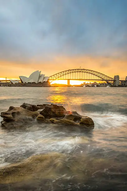 Photo of Sunset at Opera house and Harbour bridge, Sydney, Australia.
