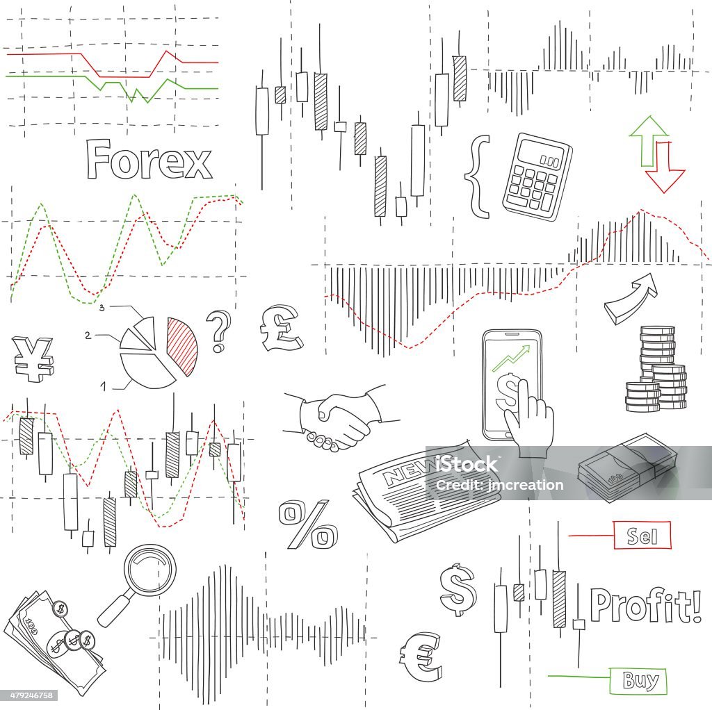 Forex market hand drawn vector background with business, financial data Forex market hand drawn vector background with business, financial data and diagrams, graphs and foreign exchange related elements Currency Exchange stock vector