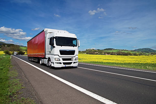 istock Trucks driving on asphalt road between yellow flowering rapeseed field 479247784