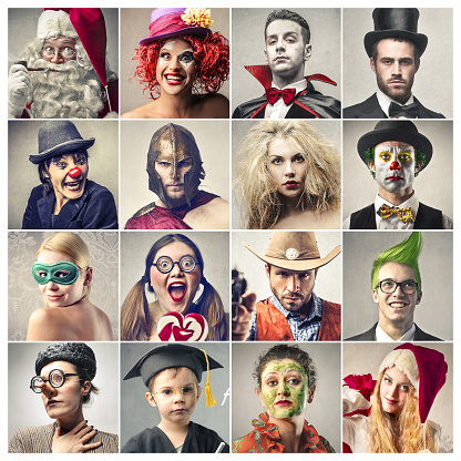 16 portraits of people wearing masks and costumes