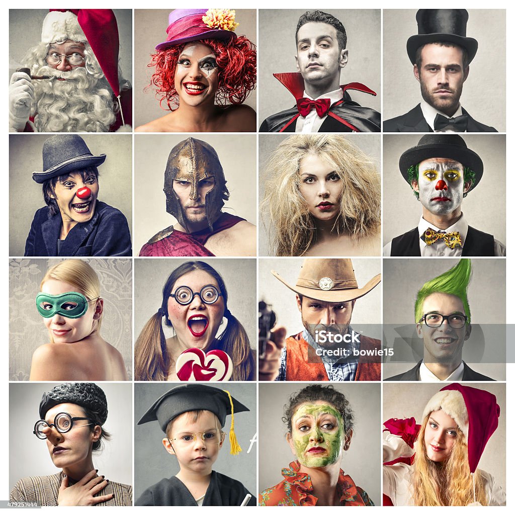 Msquerade 16 portraits of people wearing masks and costumes Theatrical Performance Stock Photo