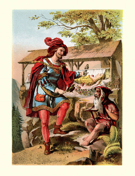 Snow White and the Prince Vintage colour engraving of Snow White a German fairy tale known across much of Europe and is today one of the most famous fairy tales worldwide. The Brothers Grimm published it in 1812 in the first edition of their collection Grimms' Fairy Tales. It was titled in German, Sneewittchen. brothers grimm stock illustrations
