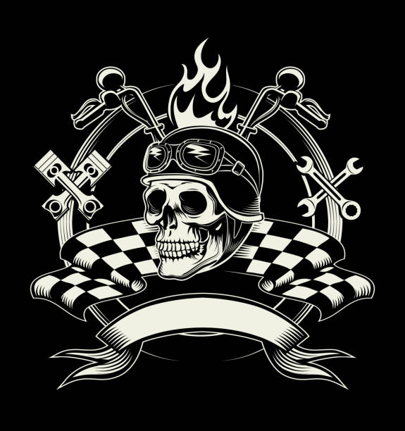 векторная эмблема с черепом-косуха или dead motorcycle racer - dead race stock illustrations