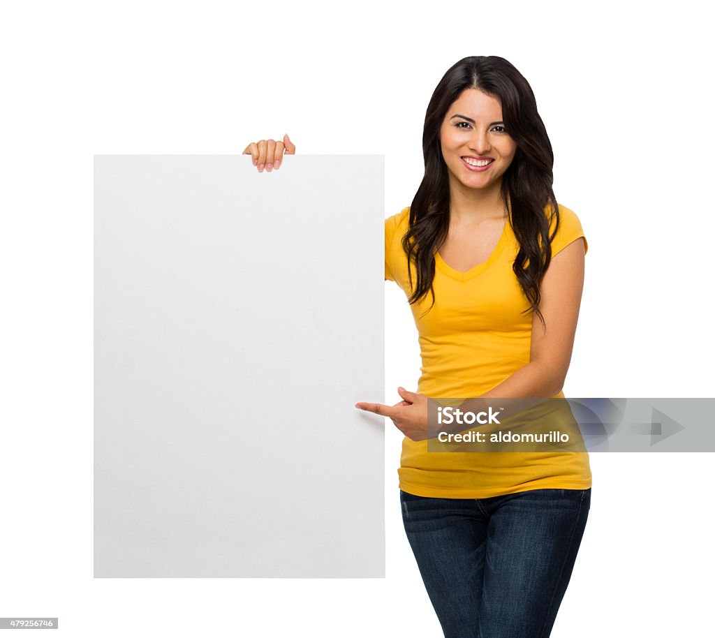 Close-up of woman showing placard Close-up of a woman showing an empty placard and smiling isolated over white background Holding Stock Photo