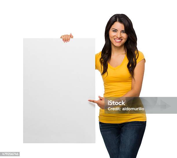 Closeup Of Woman Showing Placard Stock Photo - Download Image Now - Holding, Sign, White Background