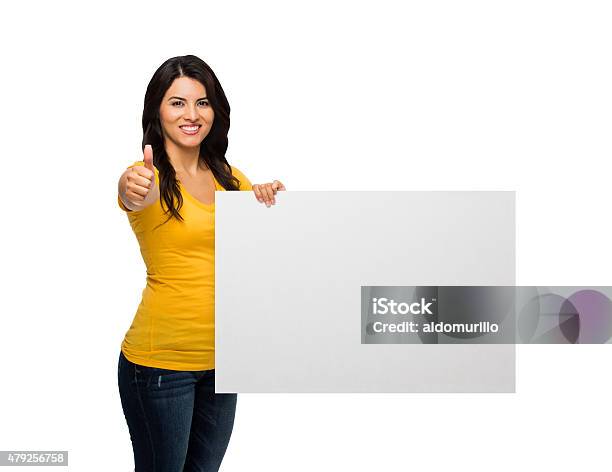 Woman Showing Placard And Thumbs Up Stock Photo - Download Image Now - 2015, 30-34 Years, 30-39 Years