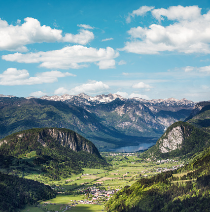 View on famous Slovenian mountain lake (Bohinj) from above.