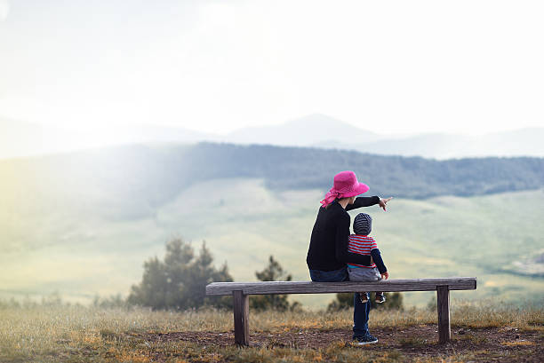 istock Mother and son sitting on bench watching landscape 479259908