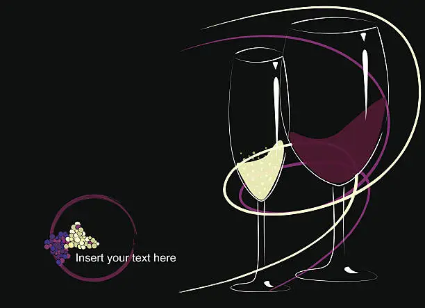 Vector illustration of red and white wine glasses on dark background