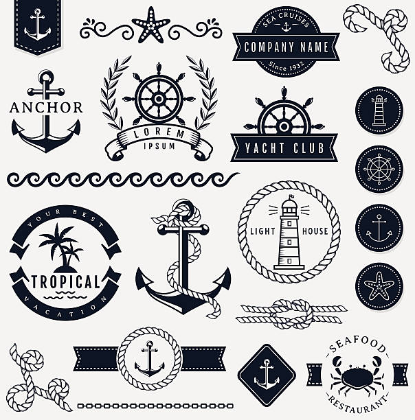 illustrazioni stock, clip art, cartoni animati e icone di tendenza di elementi di design nautico mare e. set vettoriale. - beach rope nautical vessel harbor