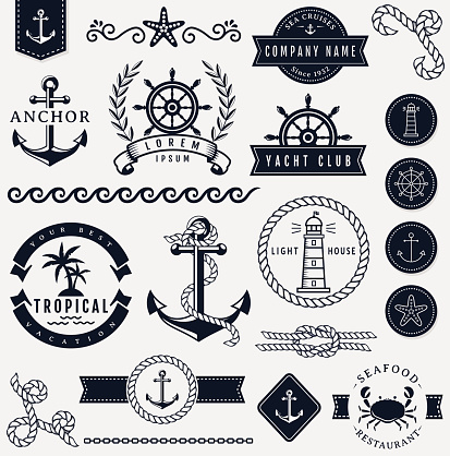 Set of sea and nautical decorations isolated on white background. Collection of elements for company logos, business identity, print products, page and web decor or other design. Vector illustration.