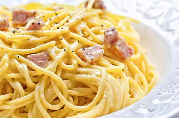 Traditional italian carbonara pasta with bacon and eggs