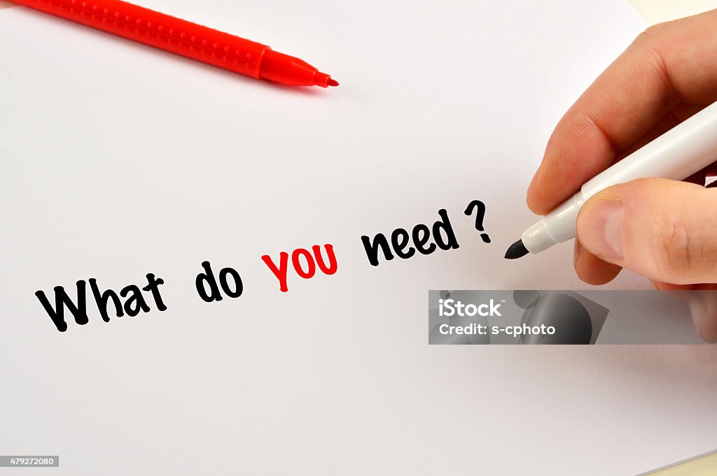 What do you need? Men’s hand writing what do you need on the white paper A Helping Hand Stock Photo