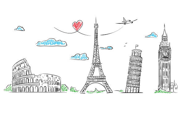 reise-europa-symbol skizze. paris, rom, london, pisa - eifelturm stock-grafiken, -clipart, -cartoons und -symbole