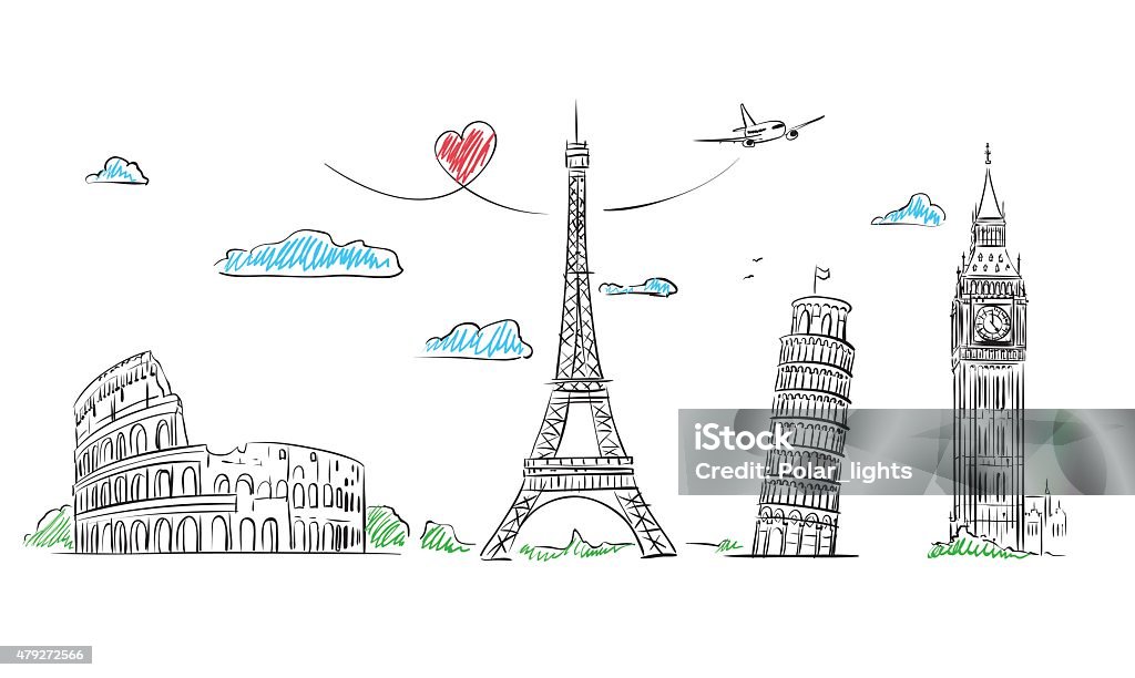 Viagem a Europa símbolo esboço. Paris, Roma, a Londres e Pisa - Vetor de Viagem royalty-free