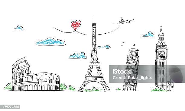 Travel Europe Symbol Sketch Paris Rome London Pisa Stock Illustration - Download Image Now