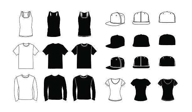 kleidung vorlage silhouette set - t shirt shirt cap clothing stock-grafiken, -clipart, -cartoons und -symbole
