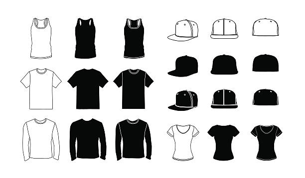 одежда шаблон силуэт набор - t shirt shirt cap clothing stock illustrations