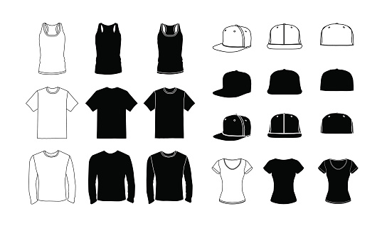 Collection of clothes templates: icons, silhouette, glyph and outline style. Jerkin, common t-shirt, long sleeve t-shirt for men. Rap cap with a flat bill and a t-shirt for women. Vector eps10 illustration.