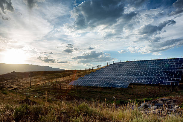 istock Solar Panels and Green Field Under Dramatic Sky at Sunset 479273224