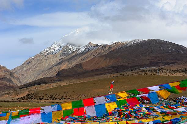 Prayer flags in the snowy mountain.