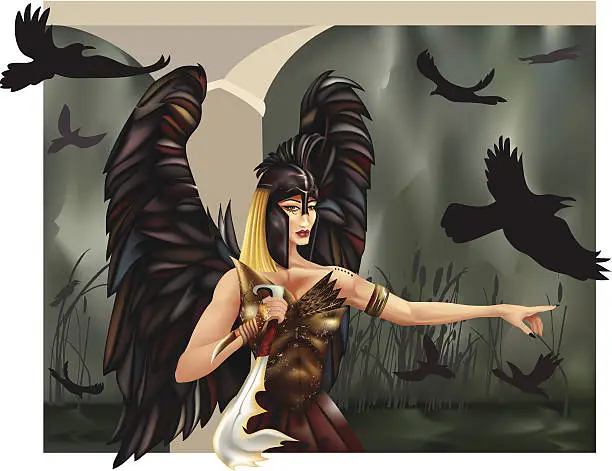 Vector illustration of Woman Wearing Body Armour with Crows Flying Around Her