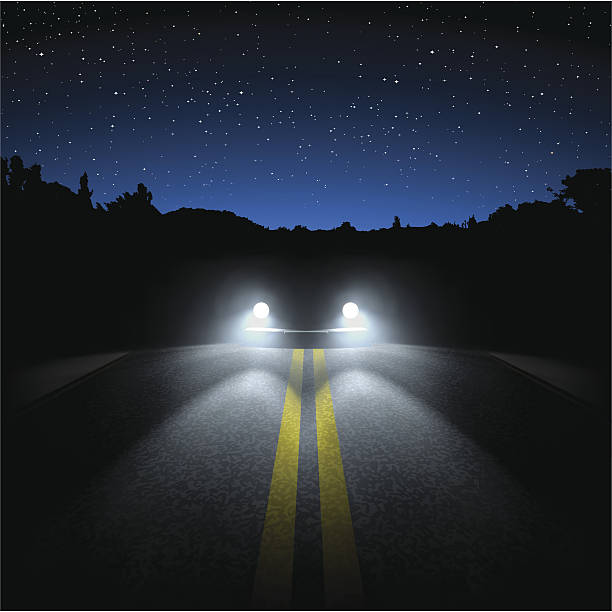 night road Car on the night road. Vector illustration. road marking stock illustrations