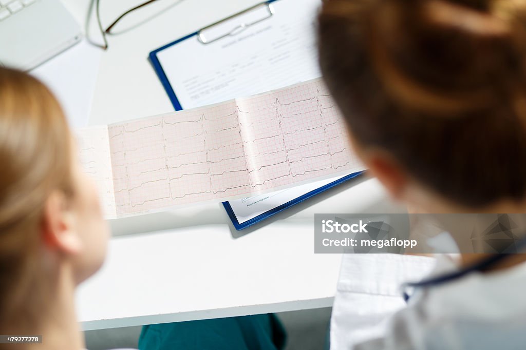 Working conference Two female doctors examining patient cardiogram chart. Professional conversation, council of cardiologists. Working conference. Medical concept 2015 Stock Photo