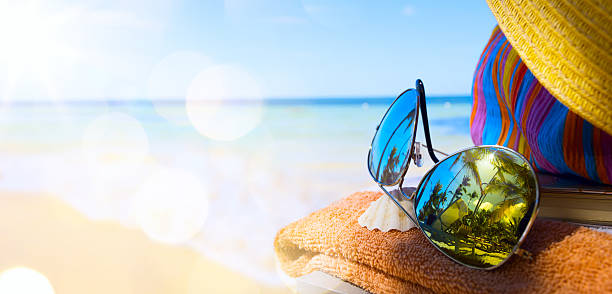 istock Straw hat, bag and sun glasses  on a tropical beach 479278582