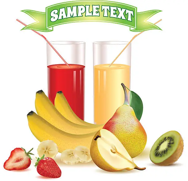 Vector illustration of two glasses with juice and kiwi, bananas, pear and strawberry