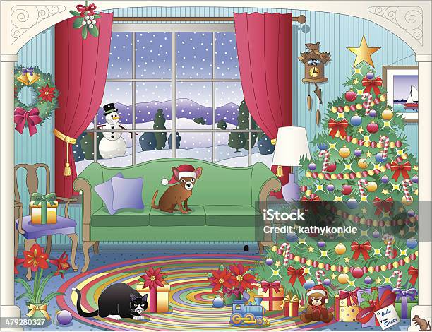 Country Christmas Wohnzimmer Stock Vektor Art und mehr Bilder von Hauskatze - Hauskatze, Hund, Weihnachten