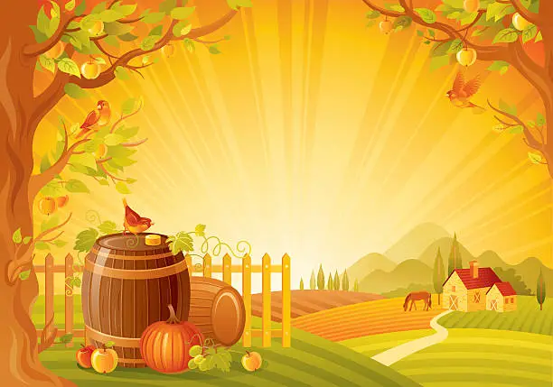 Vector illustration of Autumn lanscape with barrels