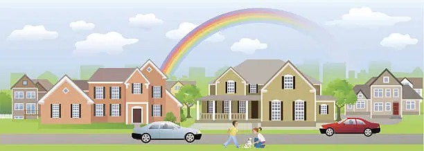Vector illustration of Residential Area Neighbour with Children Playing, Cars and Rainbow