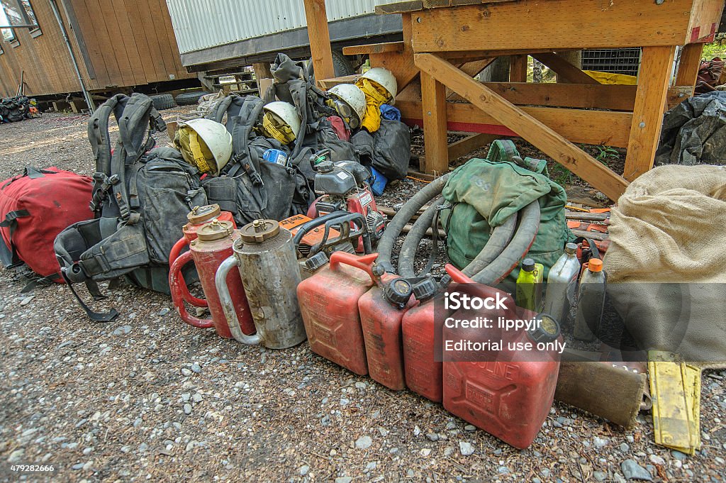 Tools of the Trade Fairbanks, Alaska. June 28, 2015: Wildland Fire Crew's gear ready to be loaded onto a truck for another assignment at the Wildfire Fire Managment Center in Fairbanks, Alaska. Fairbanks Stock Photo